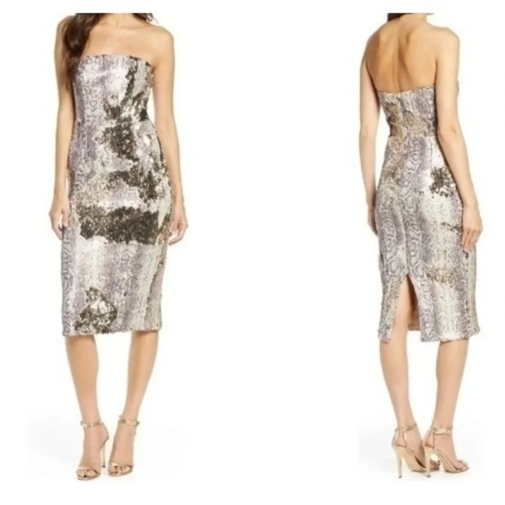 Dress The Population Violet Midi Dress Women Large Gold Multi Python Sequin Lace